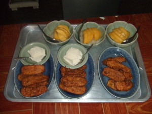 Banana fritters and mango pudding